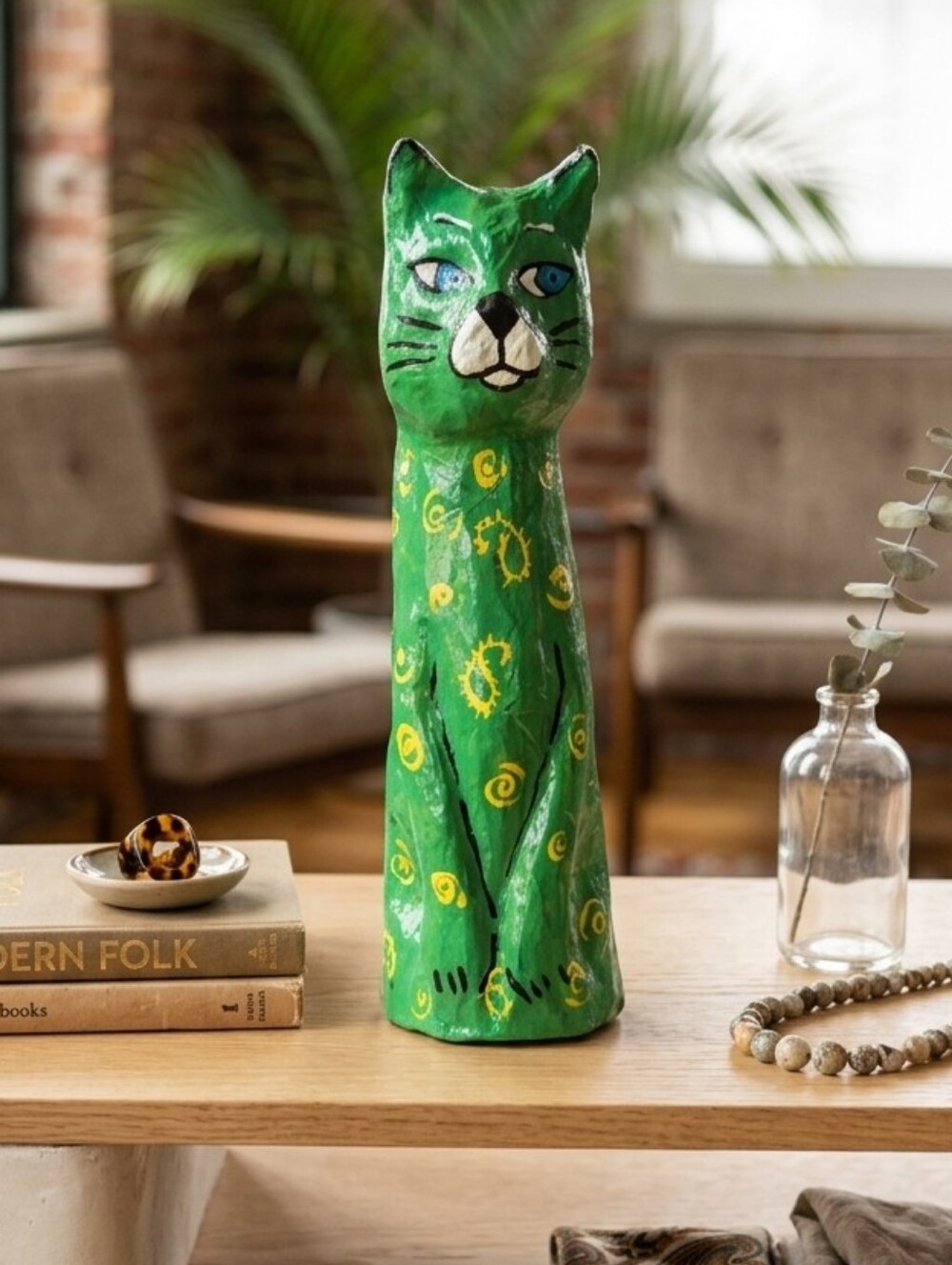 Vintage Folk Art Papier Mache Cat Figurine Cozumel Mexico Green Yellow Statue 16